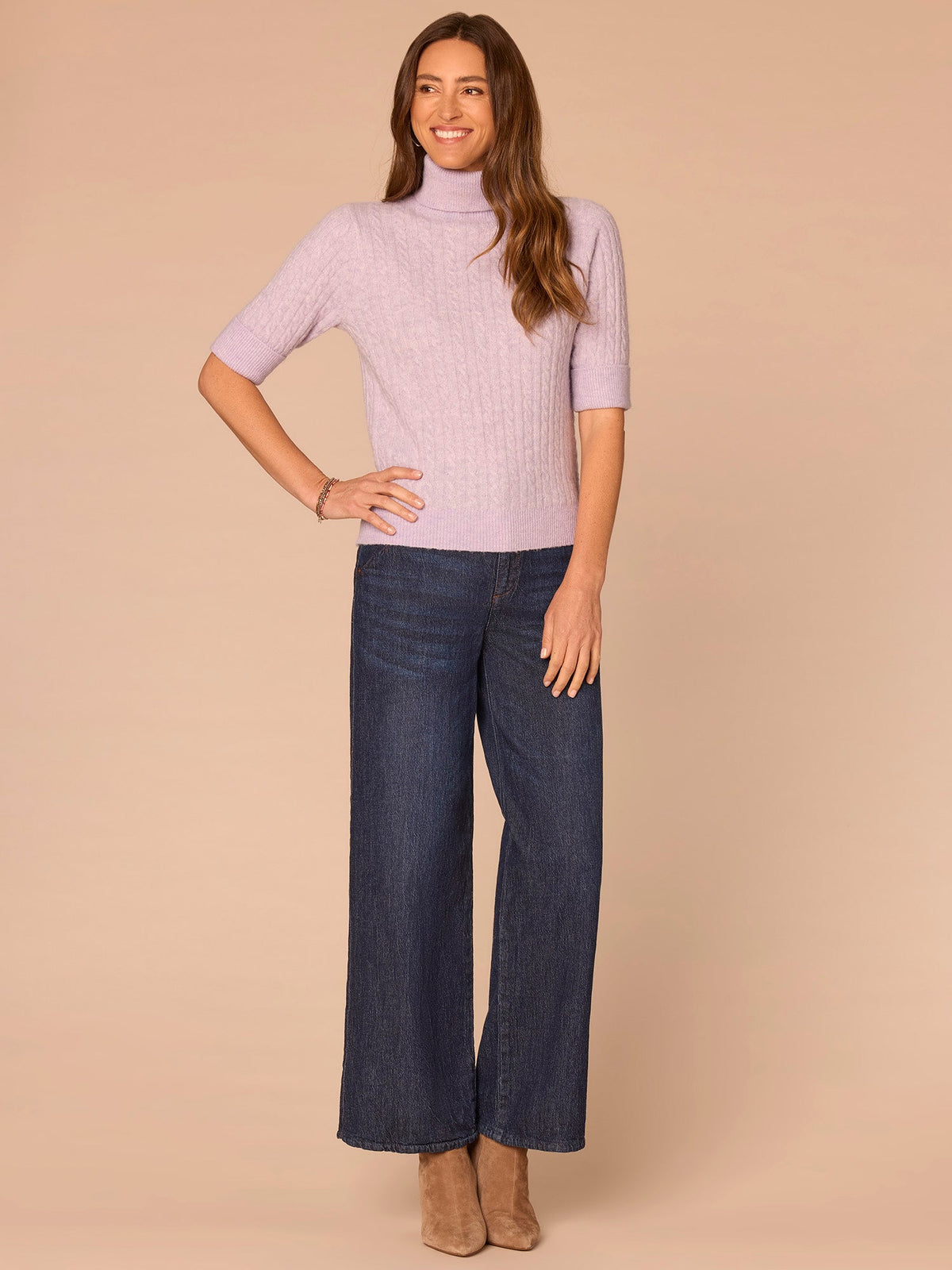 Cuffed Elbow Sleeve Turtle Neck Cable Stitch Mix Petite Sweater - Silver Violet|Midnight Sapphire|Chestnut