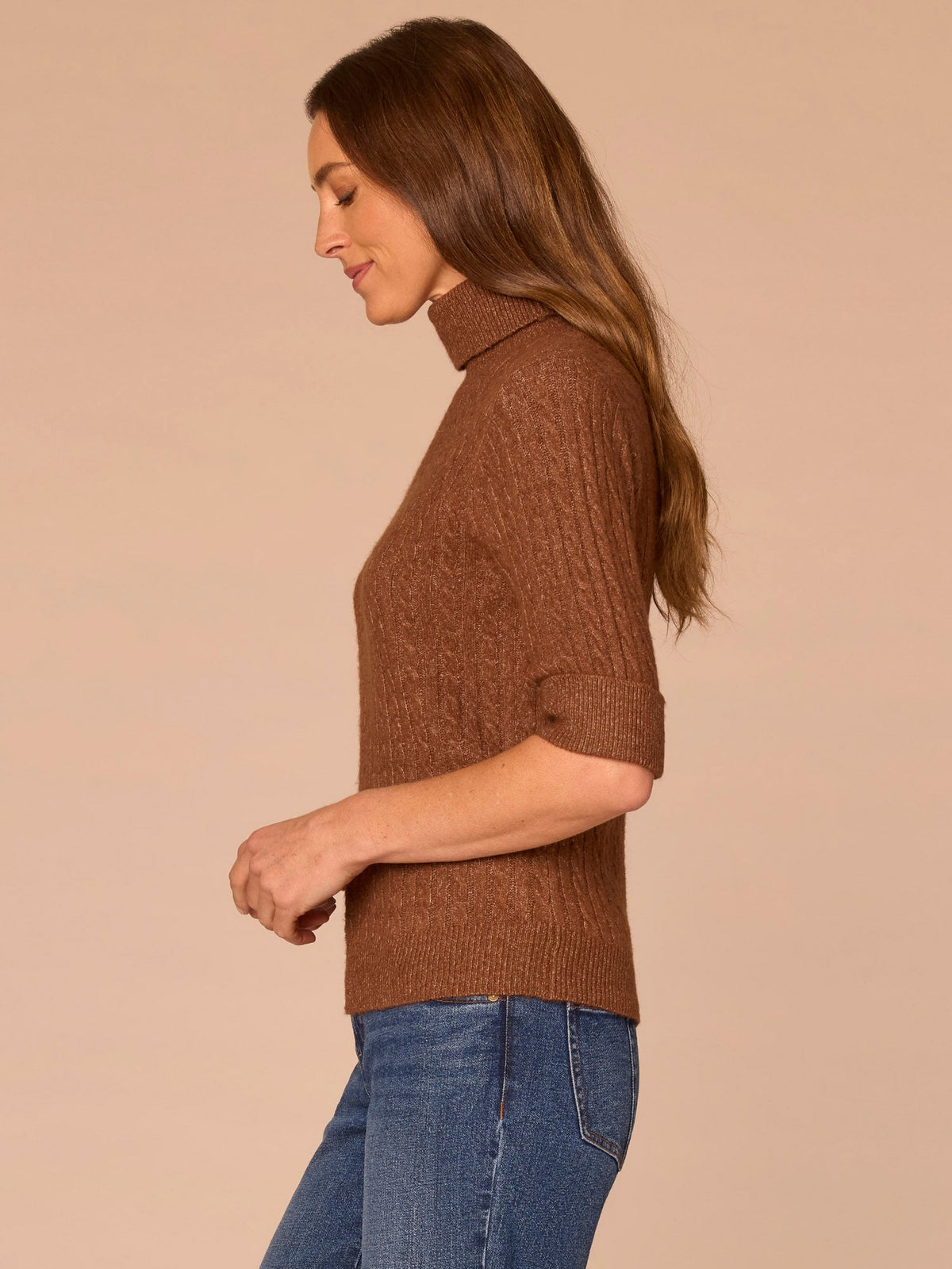 Cuffed Elbow Sleeve Turtle Neck Cable Stitch Mix Petite Sweater - Silver Violet|Midnight Sapphire|Chestnut