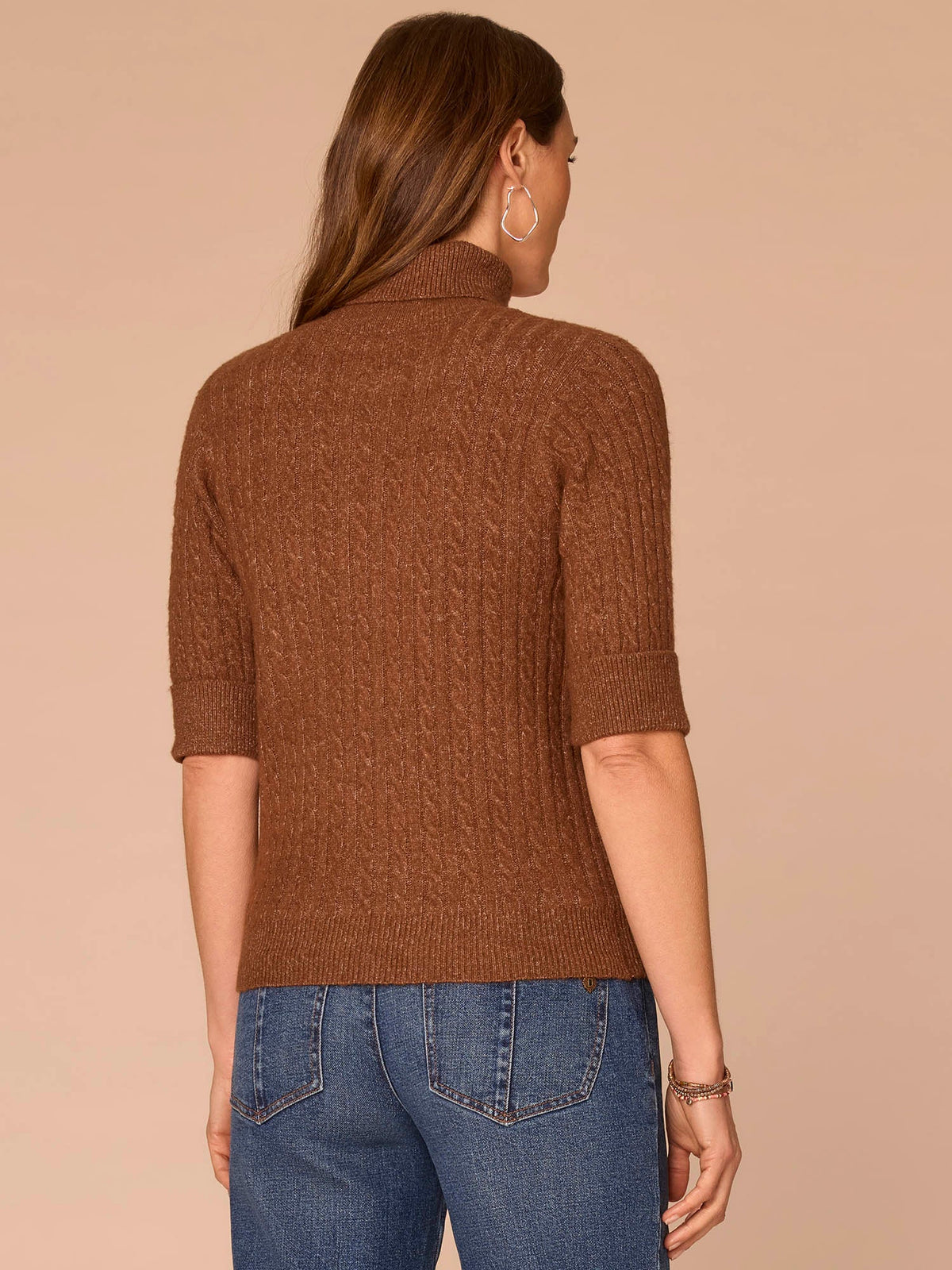 Cuffed Elbow Sleeve Turtle Neck Cable Stitch Mix Petite Sweater - Silver Violet|Midnight Sapphire|Chestnut
