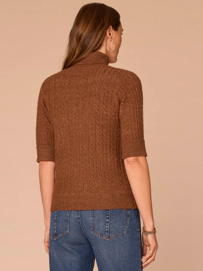 Cuffed Elbow Sleeve Turtle Neck Cable Stitch Mix Petite Sweater - Silver Violet|Midnight Sapphire|Chestnut