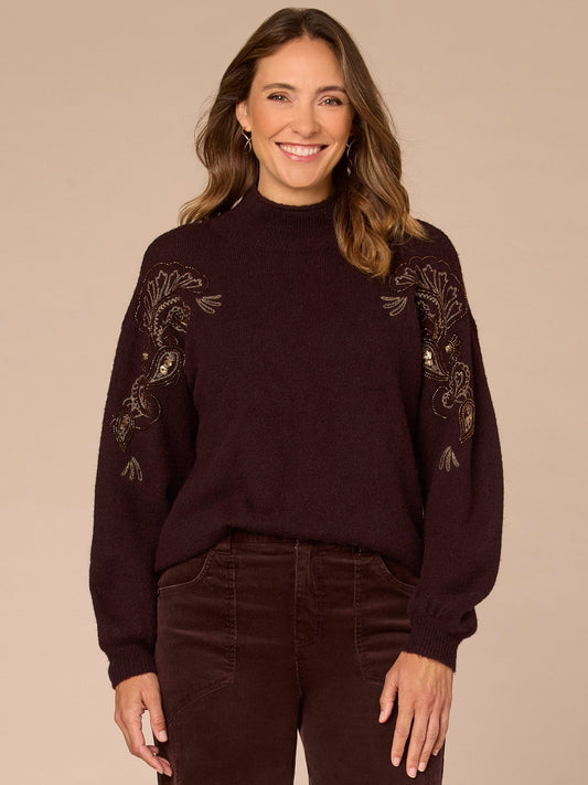 Long Blouson Sleeve Mock Neck Beaded Embroidery Sweater - Dark Raisin
