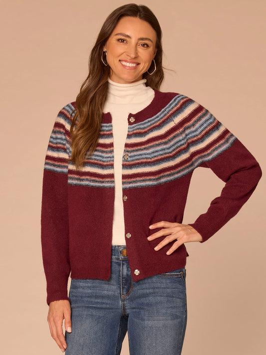 Long Sleeve Round Neck Snap Front Stripe Jacquard Sweater Cardigan - Zinfandel Airy Blue Multi|Navy Raspberry Multi