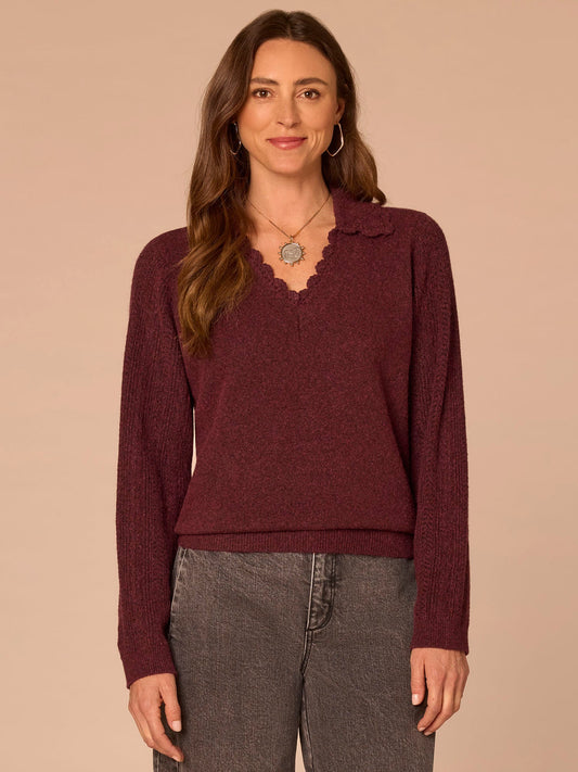 Long Sleeve Collar V-Neck Crochet Scallop Sweater - Fig Jam|Saddle|Ecru