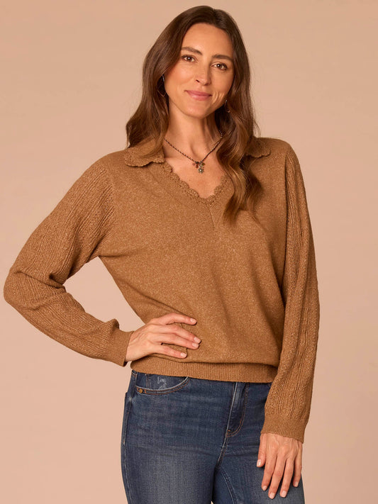 Long Sleeve Collar V-Neck Crochet Scallop Petite Sweater - Saddle|Fig Jam