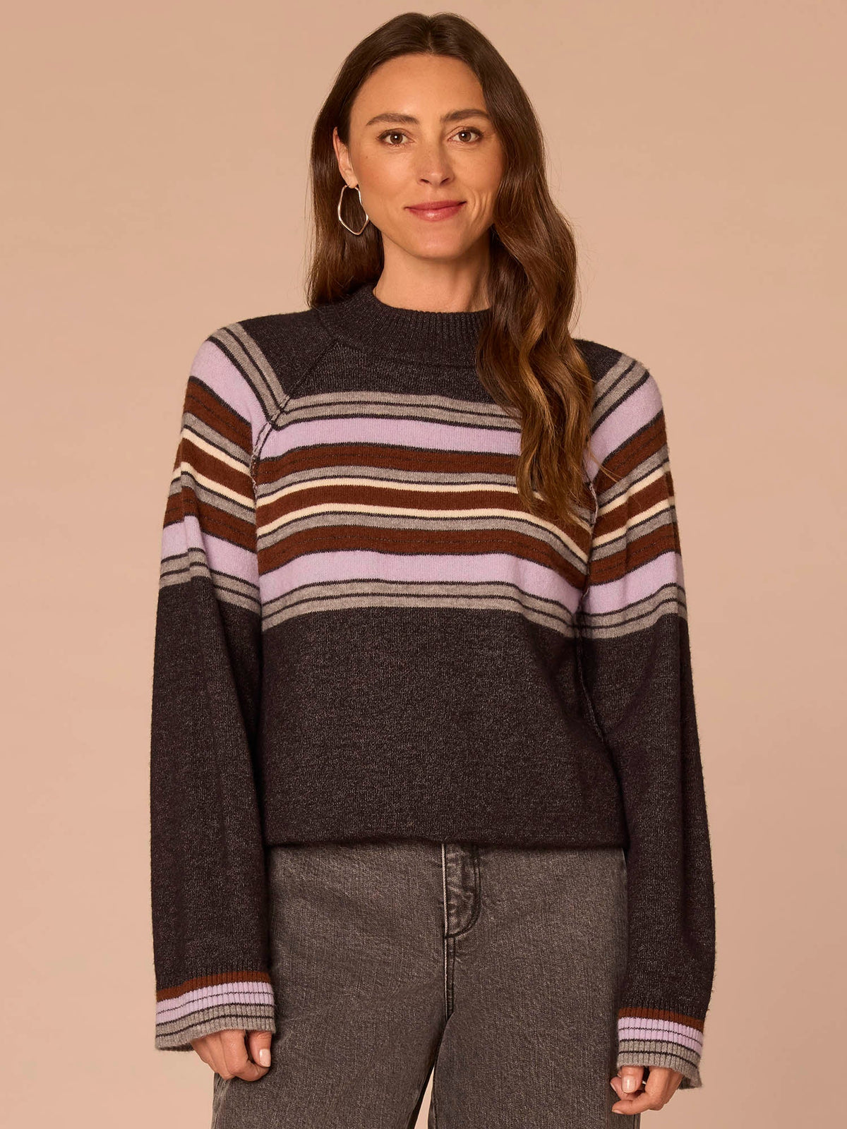 Long Cuffed Sleeve Mock Neck Bubble Hem Striped Petite Sweater - Charcoal Lavender Multi