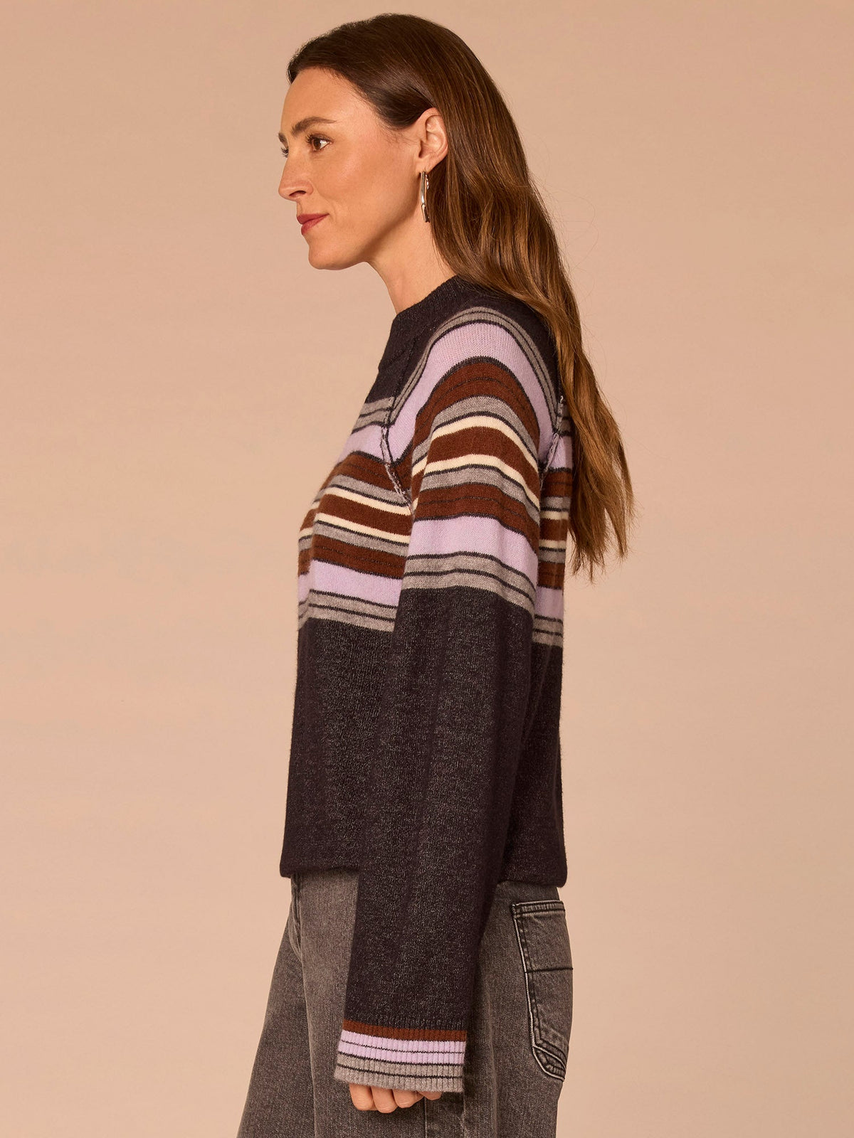 Long Cuffed Sleeve Mock Neck Bubble Hem Striped Petite Sweater - Charcoal Lavender Multi