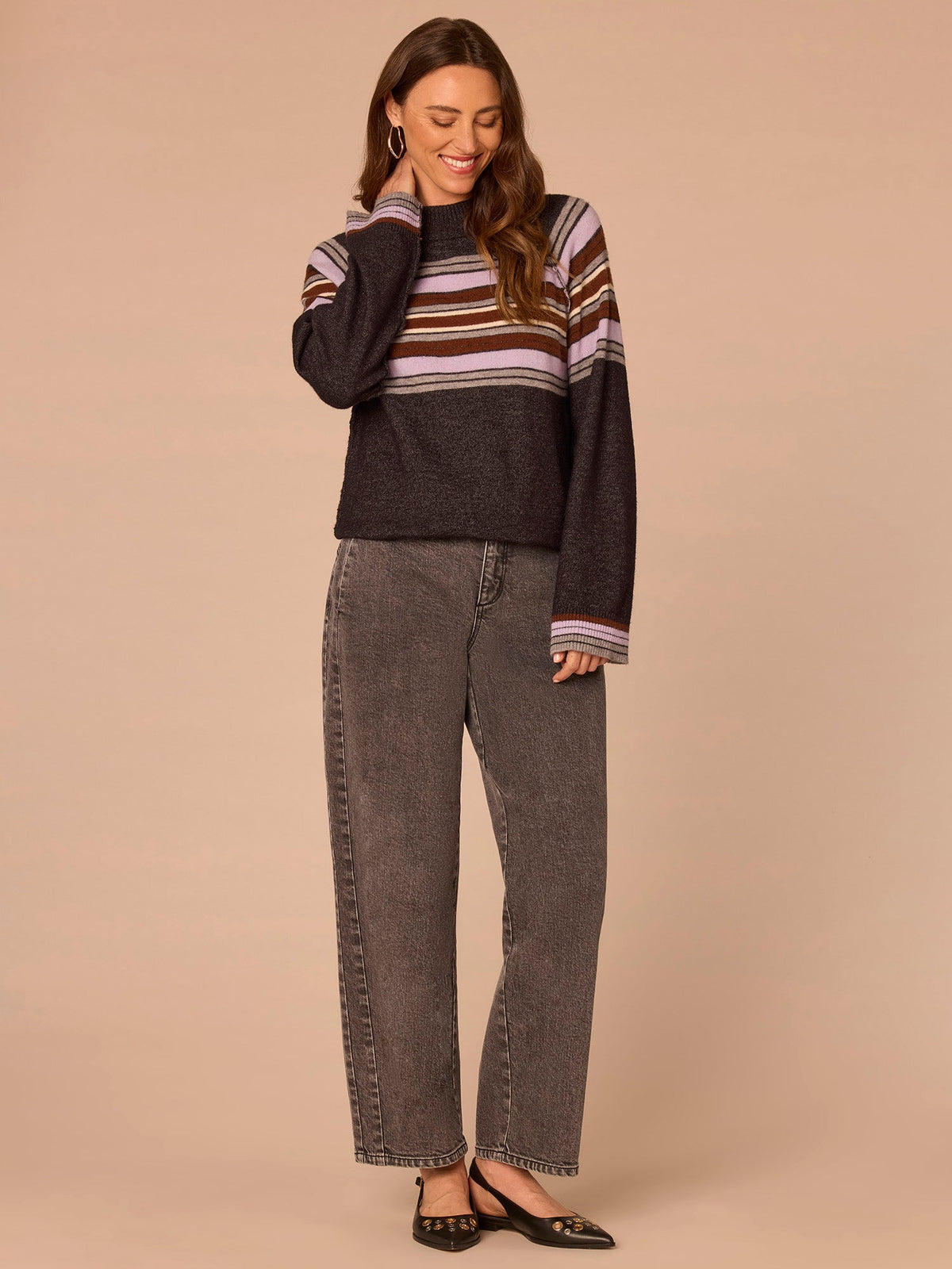 Long Cuffed Sleeve Mock Neck Bubble Hem Striped Petite Sweater - Charcoal Lavender Multi