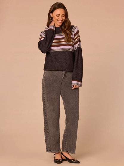 Long Cuffed Sleeve Mock Neck Bubble Hem Striped Petite Sweater - Charcoal Lavender Multi