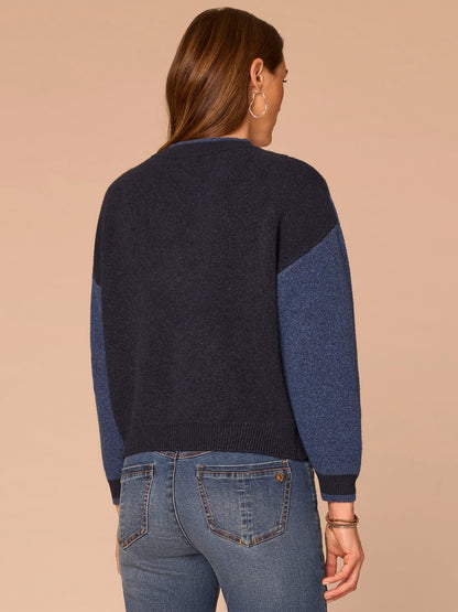 Long Sleeve Double Layer Round Neck Cable Stitch Mix Petite Sweater - Navy Light Blue|Charcoal Heather Grey
