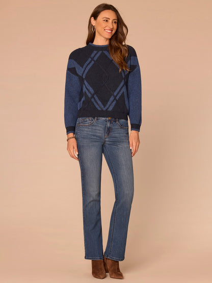 Long Sleeve Double Layer Round Neck Cable Stitch Mix Petite Sweater - Navy Light Blue|Charcoal Heather Grey