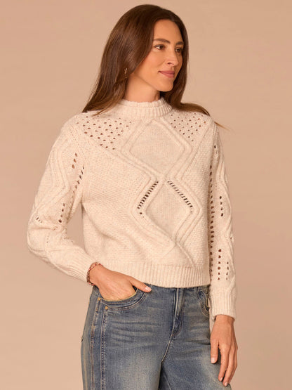 Long Sleeve Double Layer Round Neck Cable Stitch Mix Sweater - Cream|Heather Grey|Navy