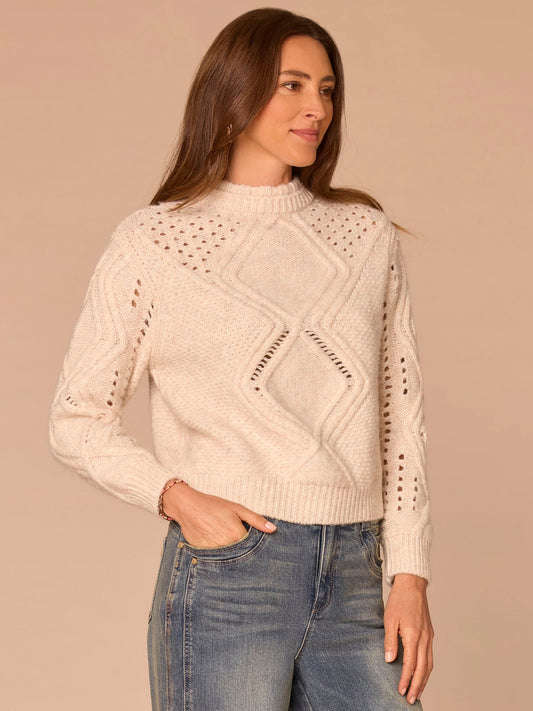 Long Sleeve Double Layer Round Neck Cable Stitch Mix Sweater - Cream|Heather Grey|Navy