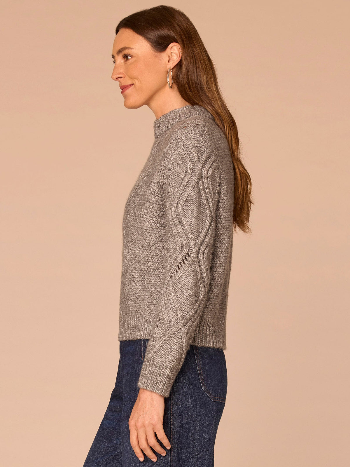 Long Sleeve Double Layer Round Neck Cable Stitch Mix Sweater - Cream|Heather Grey|Navy