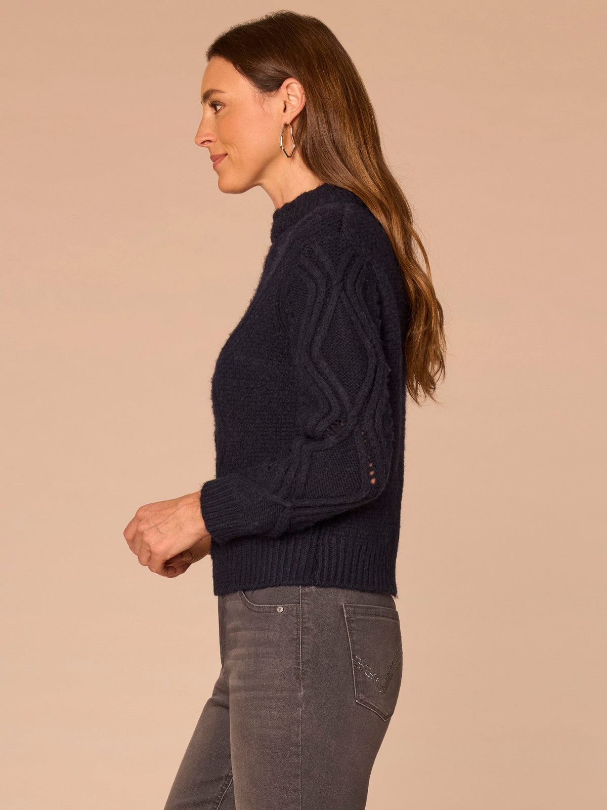Long Sleeve Double Layer Round Neck Cable Stitch Mix Sweater - Cream|Heather Grey|Navy