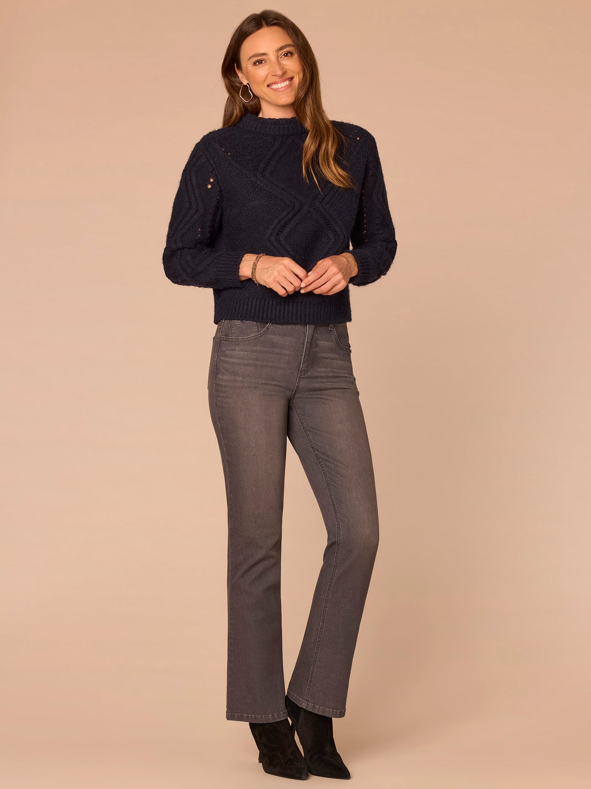 Long Sleeve Double Layer Round Neck Cable Stitch Mix Sweater - Cream|Heather Grey|Navy