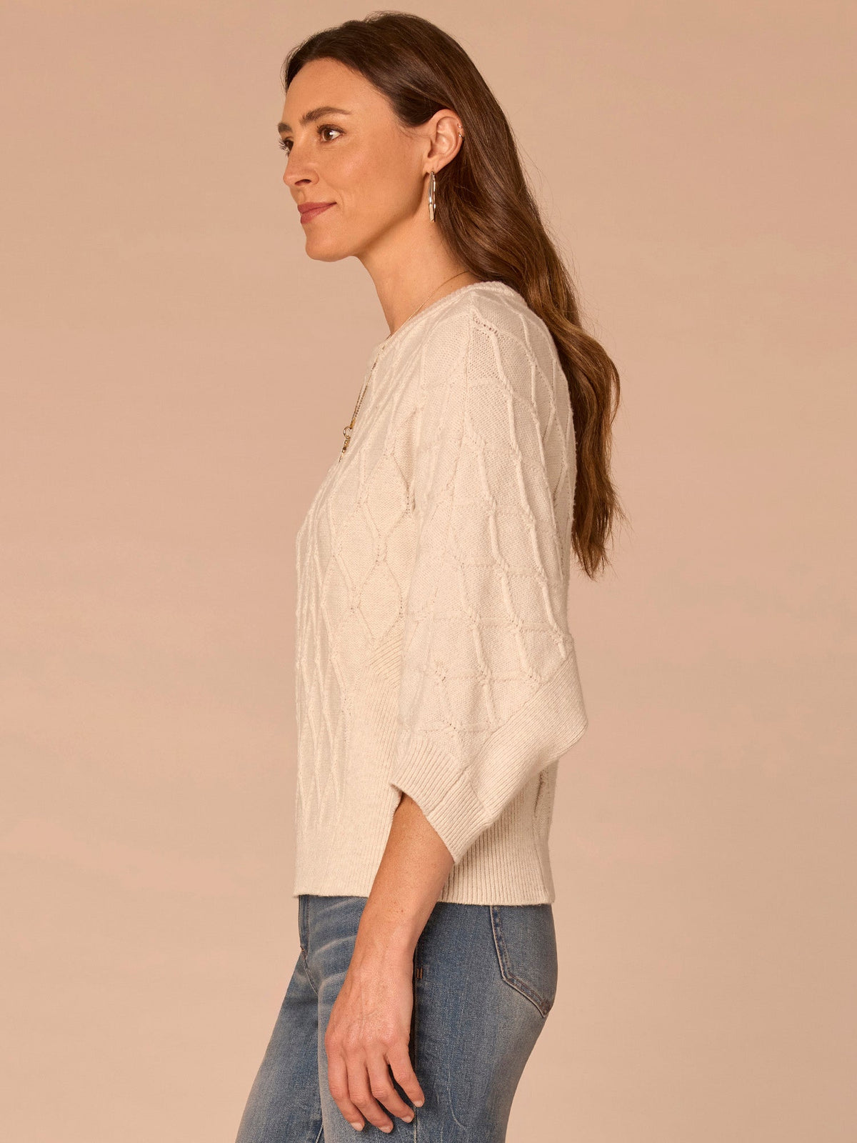 Three Quarter Dolman Sleeve High Round Neck Grid Stitch Sweater - Cream