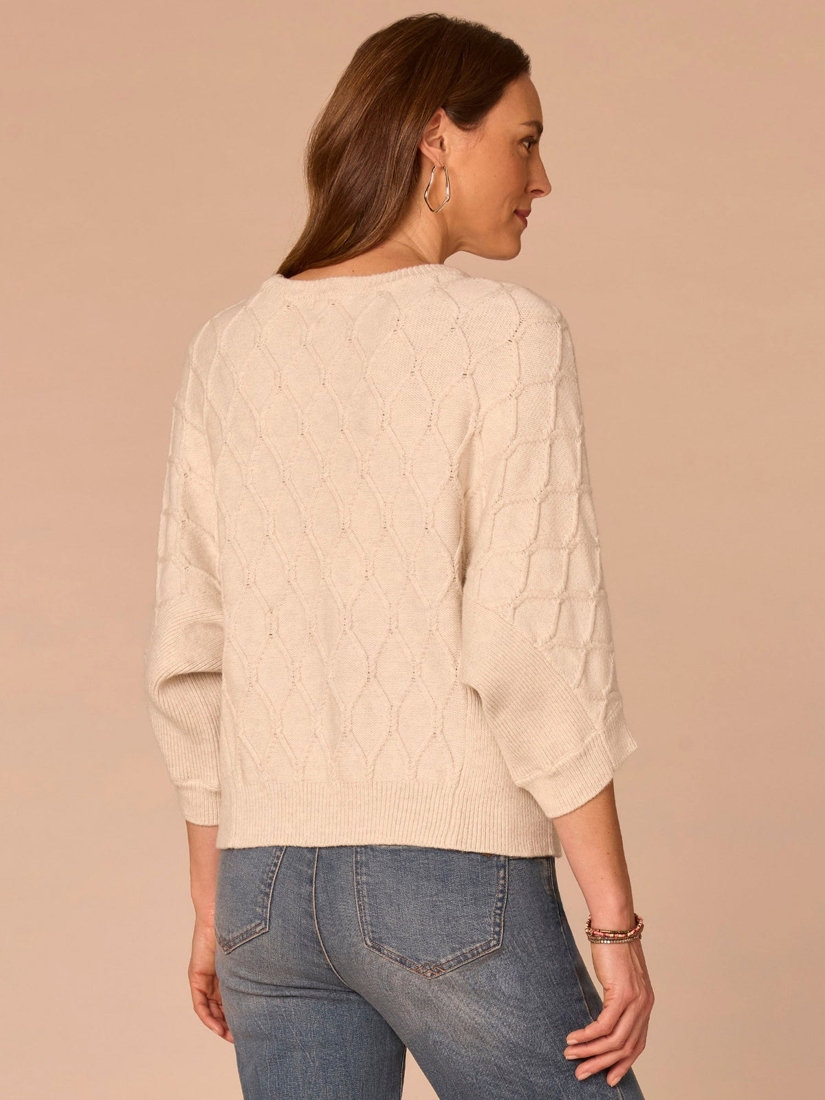 Three Quarter Dolman Sleeve High Round Neck Grid Stitch Sweater - Cream