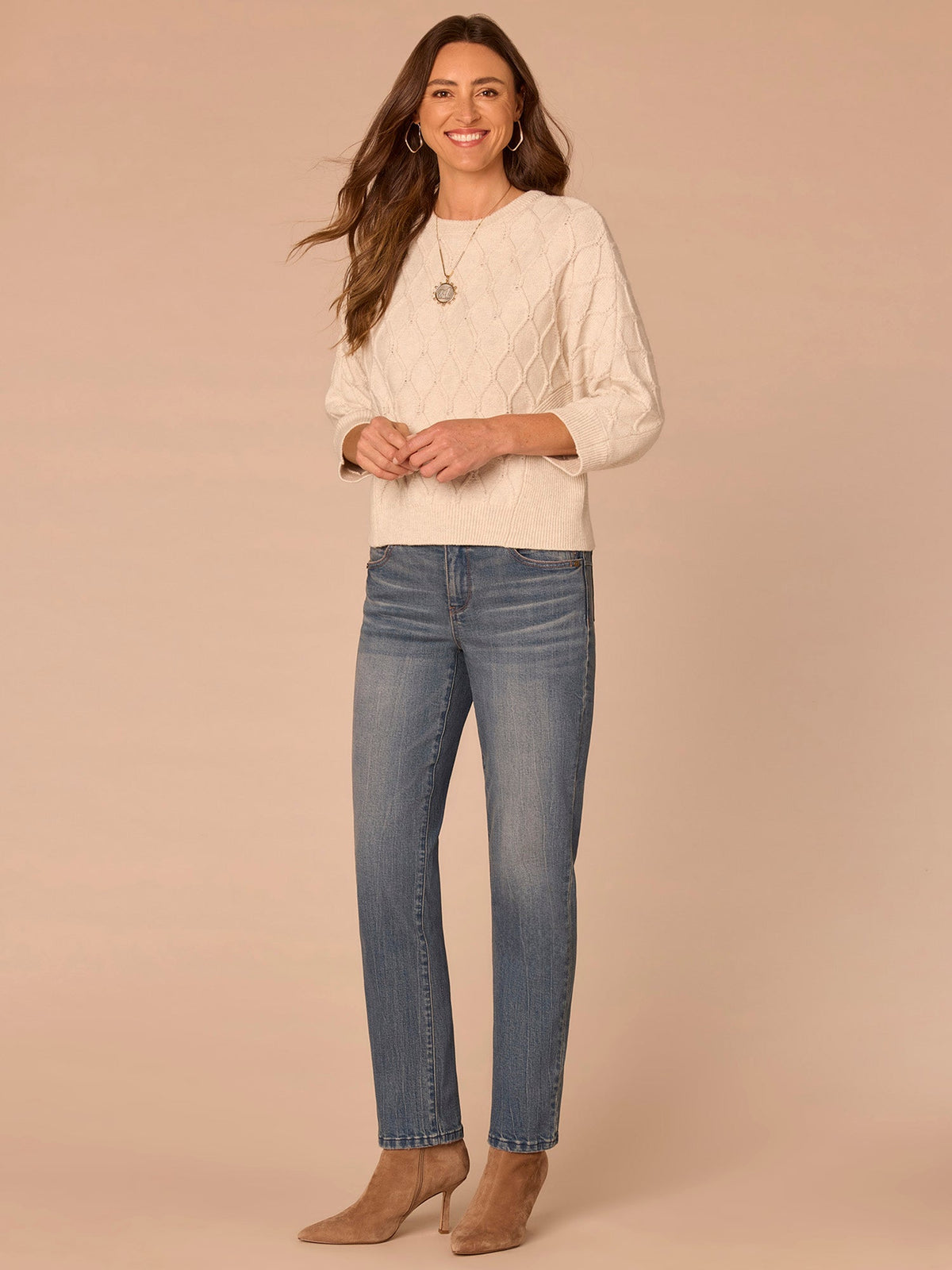 Three Quarter Dolman Sleeve High Round Neck Grid Stitch Sweater - Cream