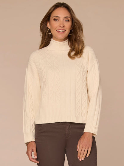 Long Sleeve Mock Neck Patchwork Cable Stitch Petite Sweater - Blanched Almond|Mystic Mauve|Mauve Shadows