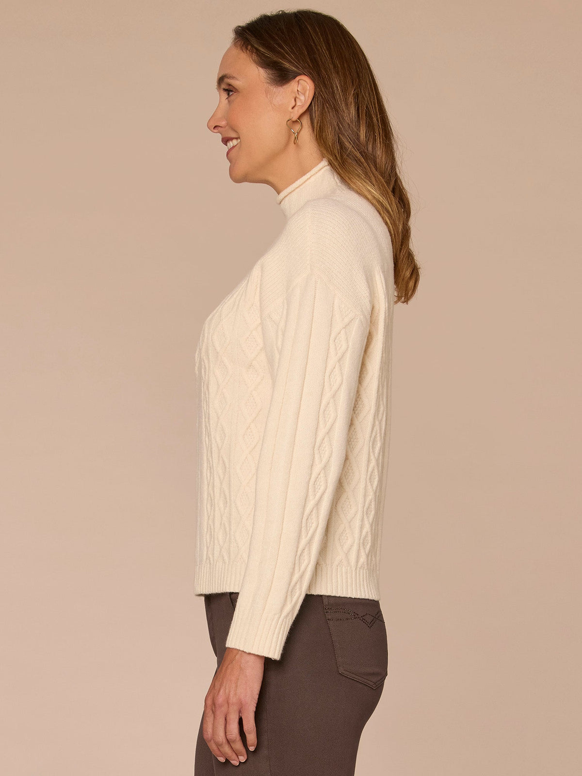Long Sleeve Mock Neck Patchwork Cable Stitch Petite Sweater - Blanched Almond|Mystic Mauve|Mauve Shadows