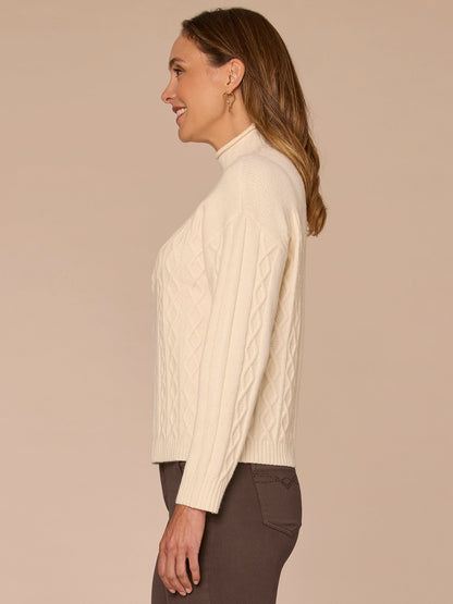 Long Sleeve Mock Neck Patchwork Cable Stitch Petite Sweater - Blanched Almond|Mystic Mauve|Mauve Shadows