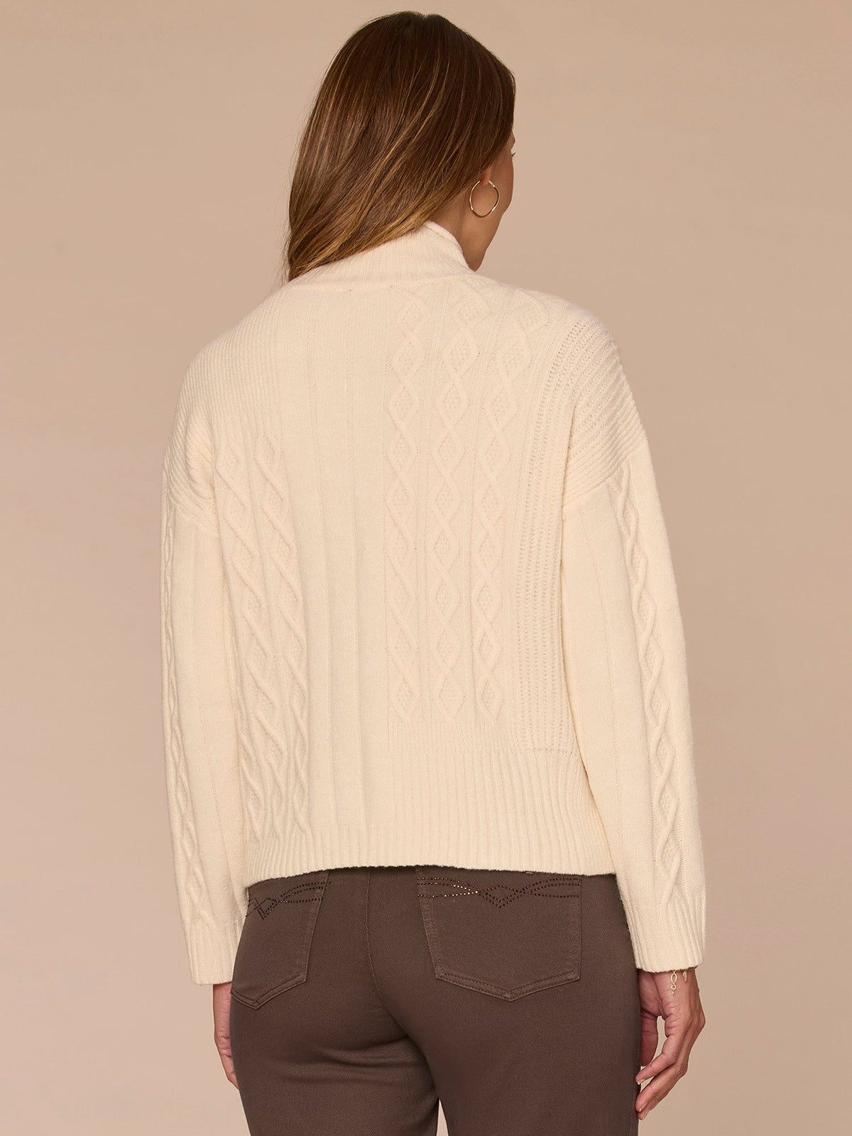 Long Sleeve Mock Neck Patchwork Cable Stitch Petite Sweater - Blanched Almond|Mystic Mauve|Mauve Shadows