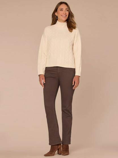 Long Sleeve Mock Neck Patchwork Cable Stitch Sweater - Mauve Shadows|Blanched Almond|Mystic Mauve
