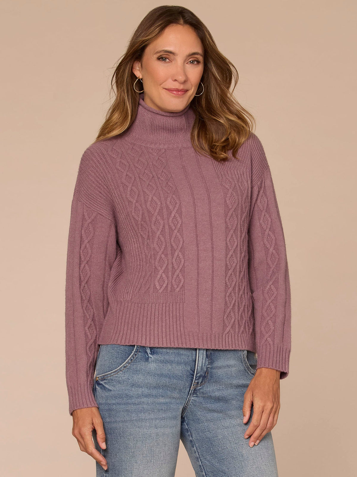 Long Sleeve Mock Neck Patchwork Cable Stitch Sweater - Mauve Shadows|Blanched Almond|Mystic Mauve