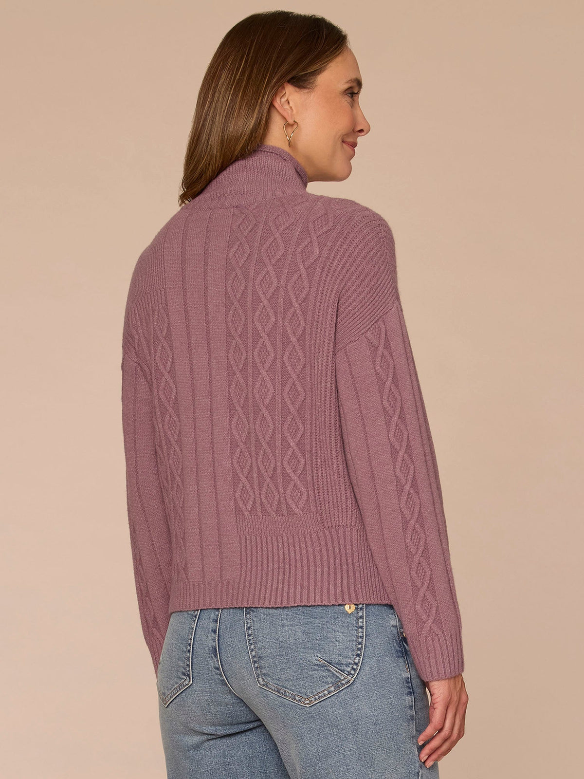Long Sleeve Mock Neck Patchwork Cable Stitch Petite Sweater - Blanched Almond|Mystic Mauve|Mauve Shadows