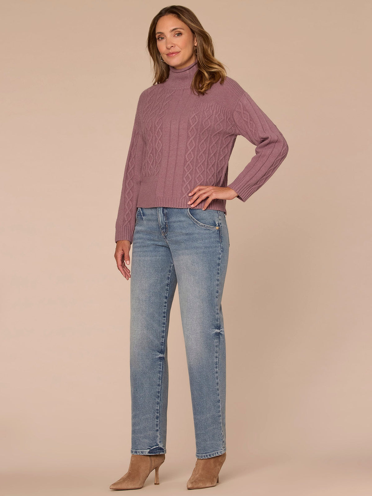 Long Sleeve Mock Neck Patchwork Cable Stitch Sweater - Mauve Shadows|Blanched Almond|Mystic Mauve
