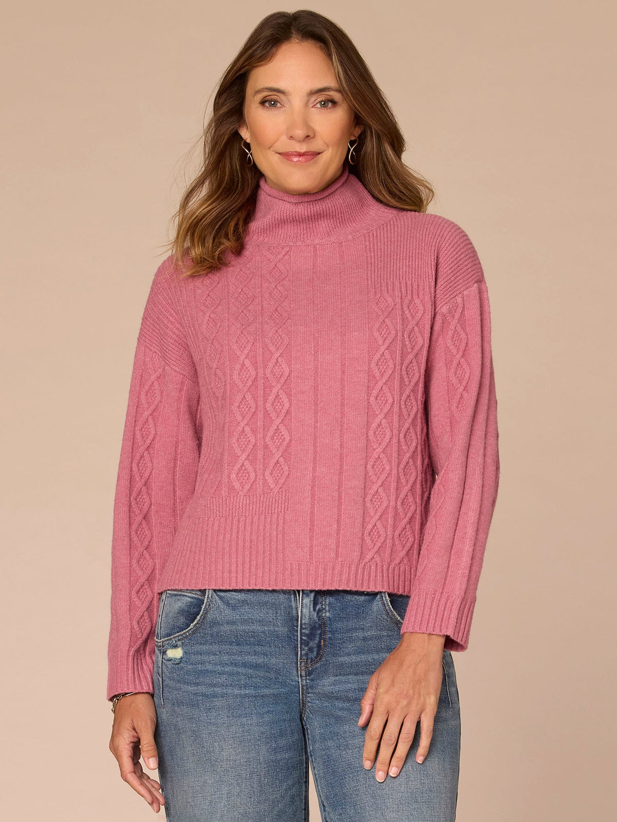 Long Sleeve Mock Neck Patchwork Cable Stitch Petite Sweater - Blanched Almond|Mystic Mauve|Mauve Shadows