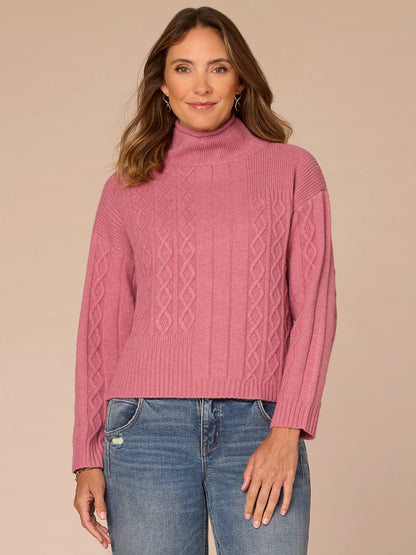 Long Sleeve Mock Neck Patchwork Cable Stitch Petite Sweater - Blanched Almond|Mystic Mauve|Mauve Shadows