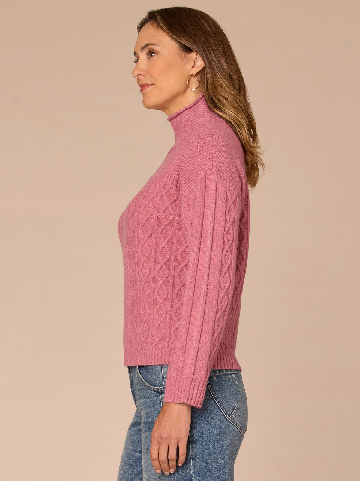 Long Sleeve Mock Neck Patchwork Cable Stitch Petite Sweater - Blanched Almond|Mystic Mauve|Mauve Shadows
