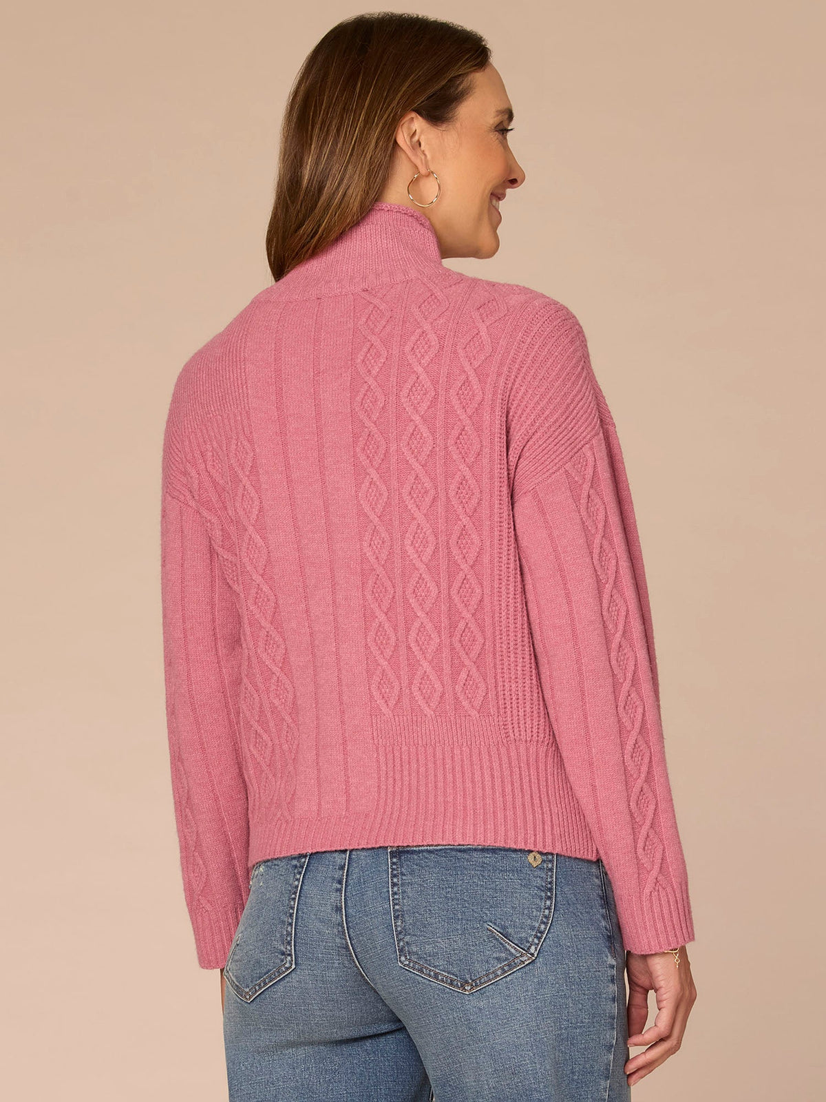 Long Sleeve Mock Neck Patchwork Cable Stitch Sweater - Mauve Shadows|Blanched Almond|Mystic Mauve