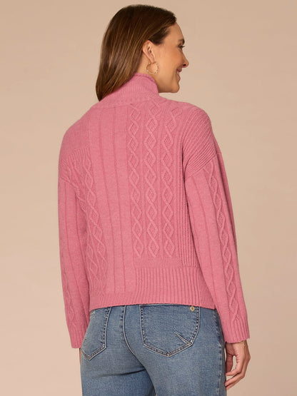 Long Sleeve Mock Neck Patchwork Cable Stitch Sweater - Mauve Shadows|Blanched Almond|Mystic Mauve