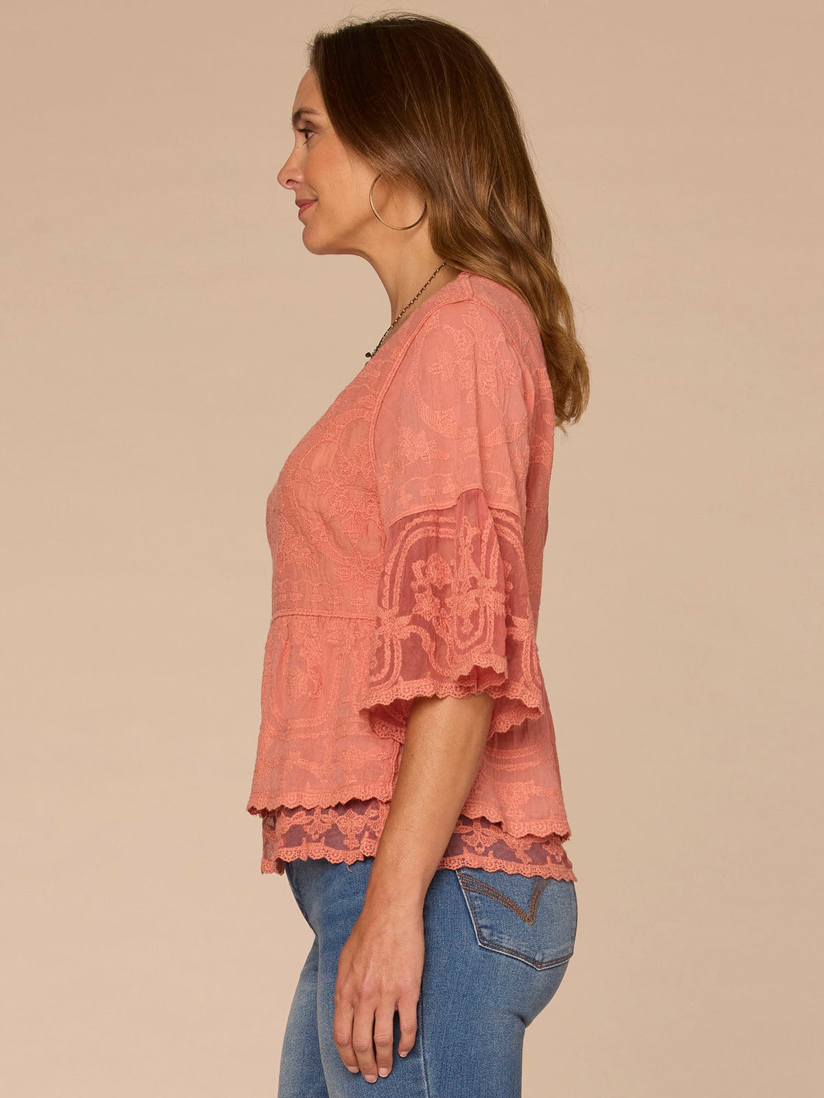 Bell Sleeve Scoop Neck Double Flounce Peplum Petite Hem Woven Top - Fig Jam|Horizon Blue|Dusty Papaya|Jungle Moss|Green Tea|White