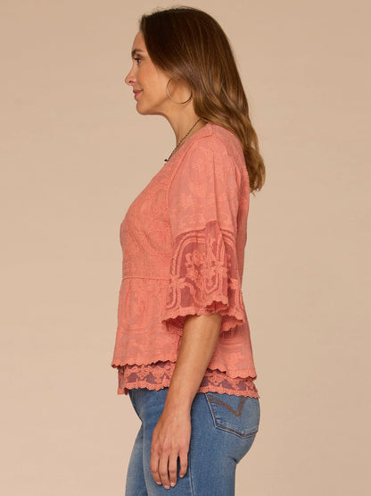 Bell Sleeve Scoop Neck Double Flounce Peplum Petite Hem Woven Top - Fig Jam|Horizon Blue|Dusty Papaya|Jungle Moss|Green Tea|White