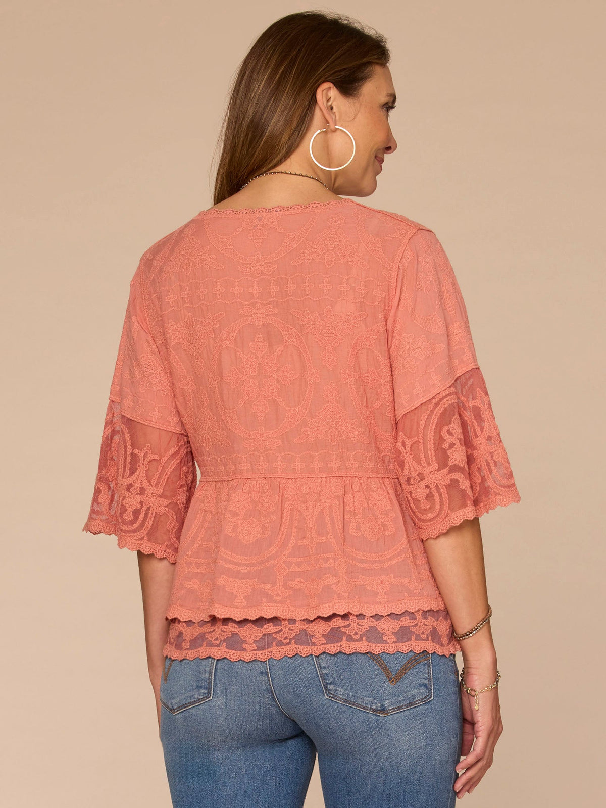Bell Sleeve Scoop Neck Double Flounce Peplum Petite Hem Woven Top - Fig Jam|Horizon Blue|Dusty Papaya|Jungle Moss|Green Tea|White