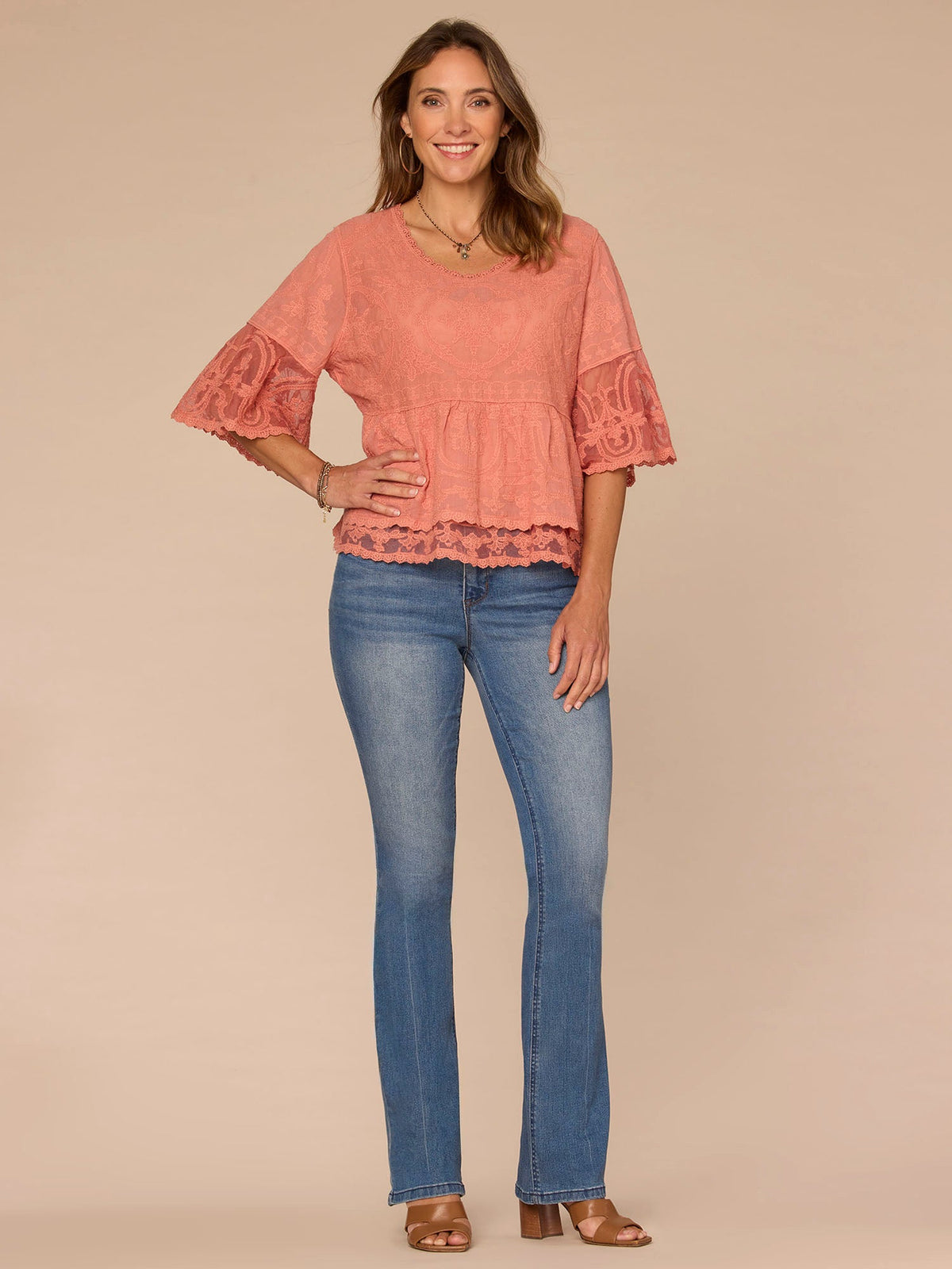 Bell Sleeve Scoop Neck Double Flounce Peplum Petite Hem Woven Top - Fig Jam|Horizon Blue|Dusty Papaya|Jungle Moss|Green Tea|White