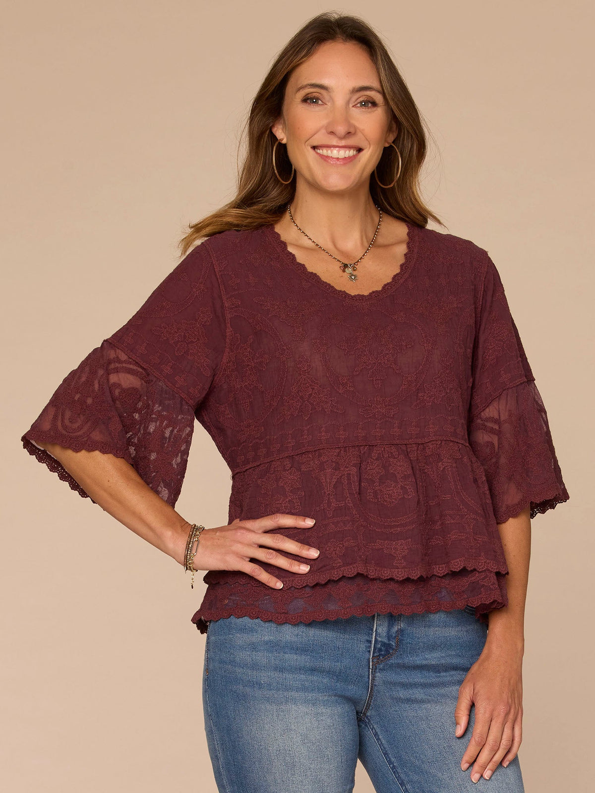 Bell Sleeve Scoop Neck Double Flounce Peplum Petite Hem Woven Top - Fig Jam|Horizon Blue|Dusty Papaya|Jungle Moss|Green Tea|White