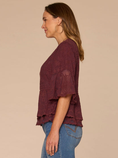 Bell Sleeve Scoop Neck Double Flounce Peplum Petite Hem Woven Top - Fig Jam|Horizon Blue|Dusty Papaya|Jungle Moss|Green Tea|White