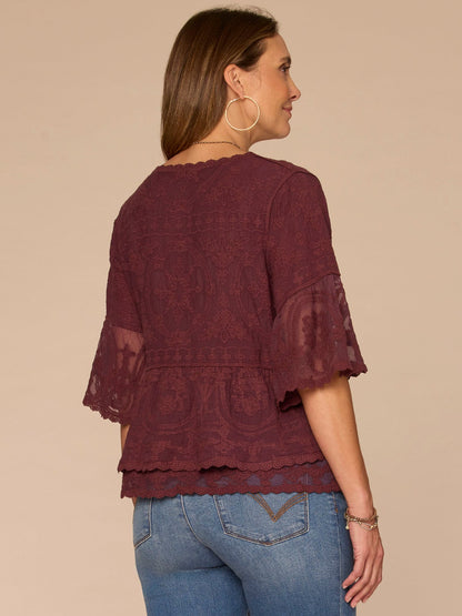 Bell Sleeve Scoop Neck Double Flounce Peplum Petite Hem Woven Top - Fig Jam|Horizon Blue|Dusty Papaya|Jungle Moss|Green Tea|White