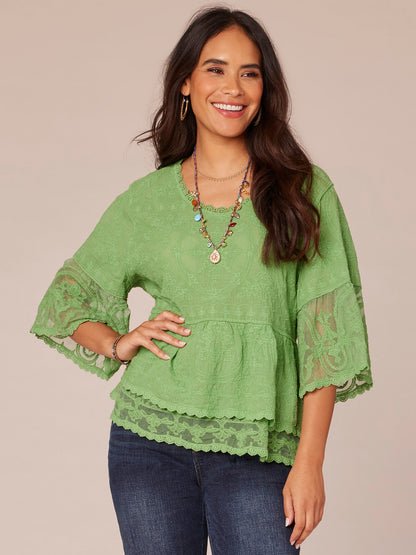 Bell Sleeve Scoop Neck Double Flounce Peplum Petite Hem Woven Top - Fig Jam|Horizon Blue|Dusty Papaya|Jungle Moss|Green Tea|White