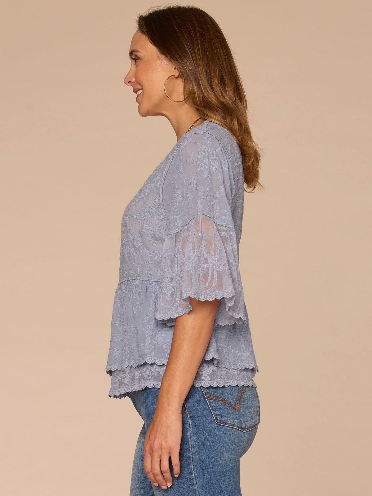 Bell Sleeve Scoop Neck Double Flounce Peplum Petite Hem Woven Top - Fig Jam|Horizon Blue|Dusty Papaya|Jungle Moss|Green Tea|White