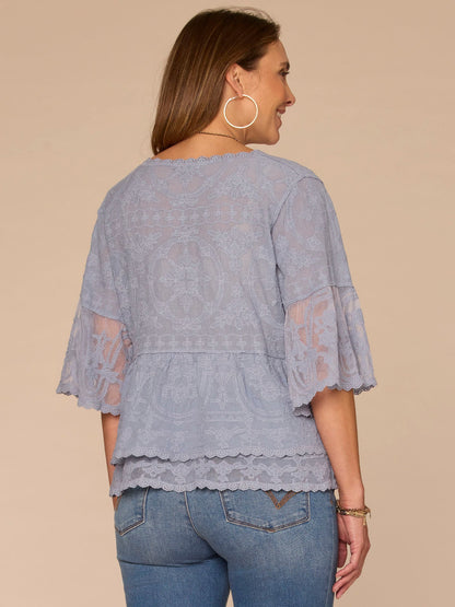 Bell Sleeve Scoop Neck Double Flounce Peplum Petite Hem Woven Top - Fig Jam|Horizon Blue|Dusty Papaya|Jungle Moss|Green Tea|White