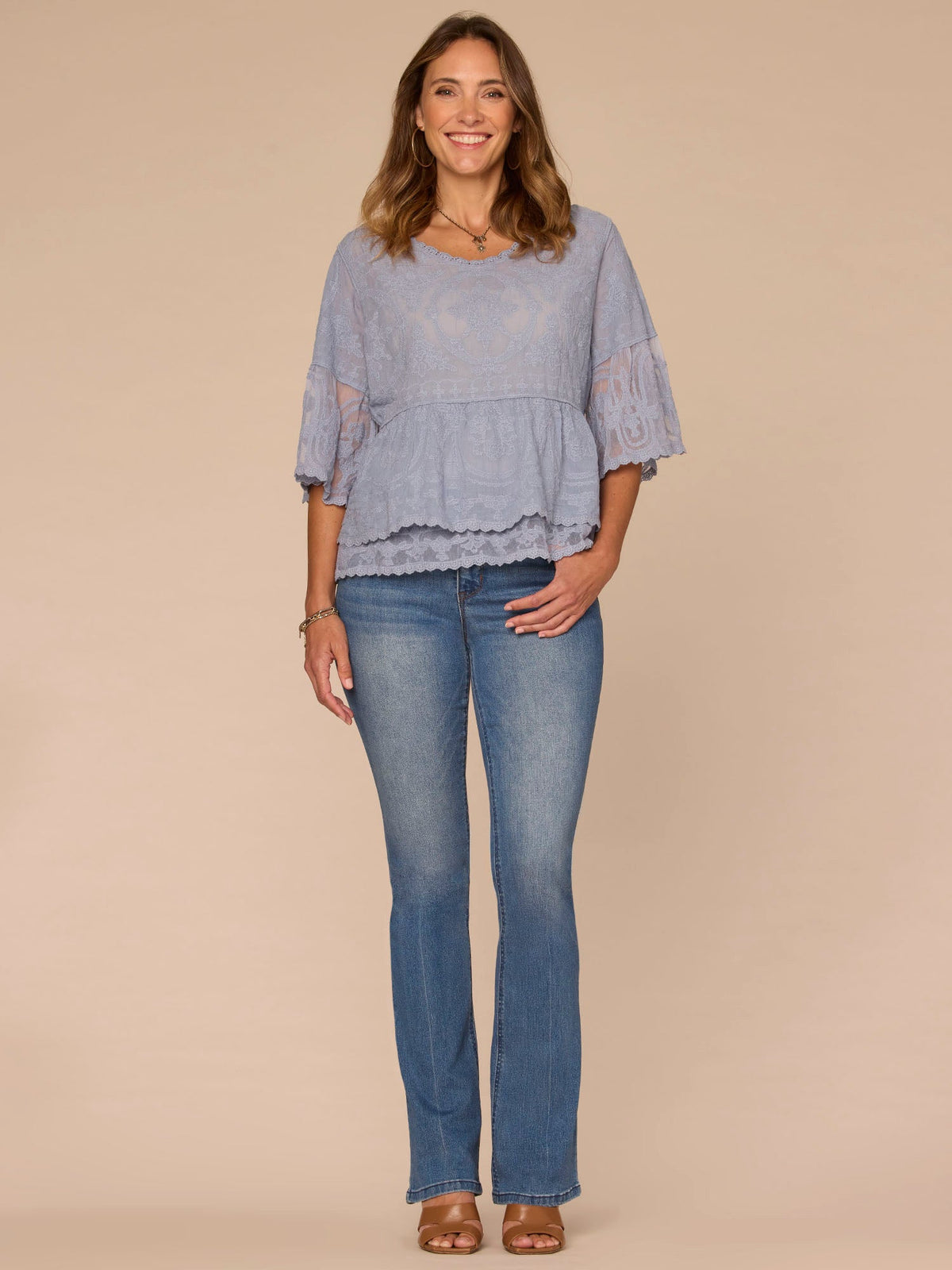 Bell Sleeve Scoop Neck Double Flounce Peplum Petite Hem Woven Top - Fig Jam|Horizon Blue|Dusty Papaya|Jungle Moss|Green Tea|White