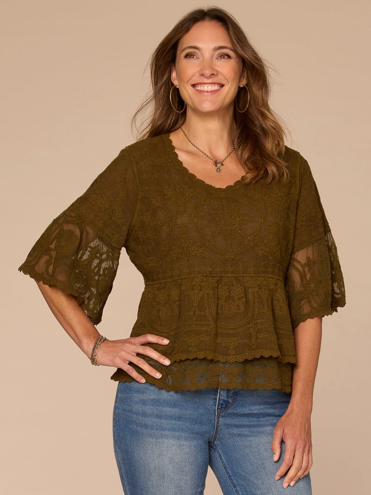 Bell Sleeve Scoop Neck Double Flounce Peplum Petite Hem Woven Top - Fig Jam|Horizon Blue|Dusty Papaya|Jungle Moss|Green Tea|White
