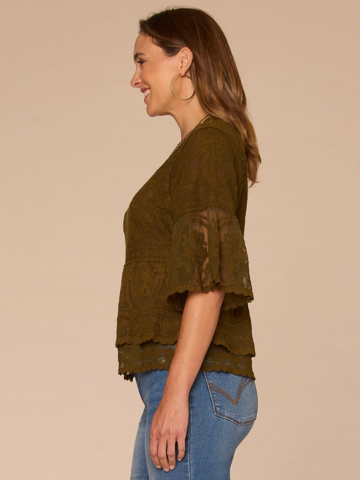 Bell Sleeve Scoop Neck Double Flounce Peplum Petite Hem Woven Top - Fig Jam|Horizon Blue|Dusty Papaya|Jungle Moss|Green Tea|White