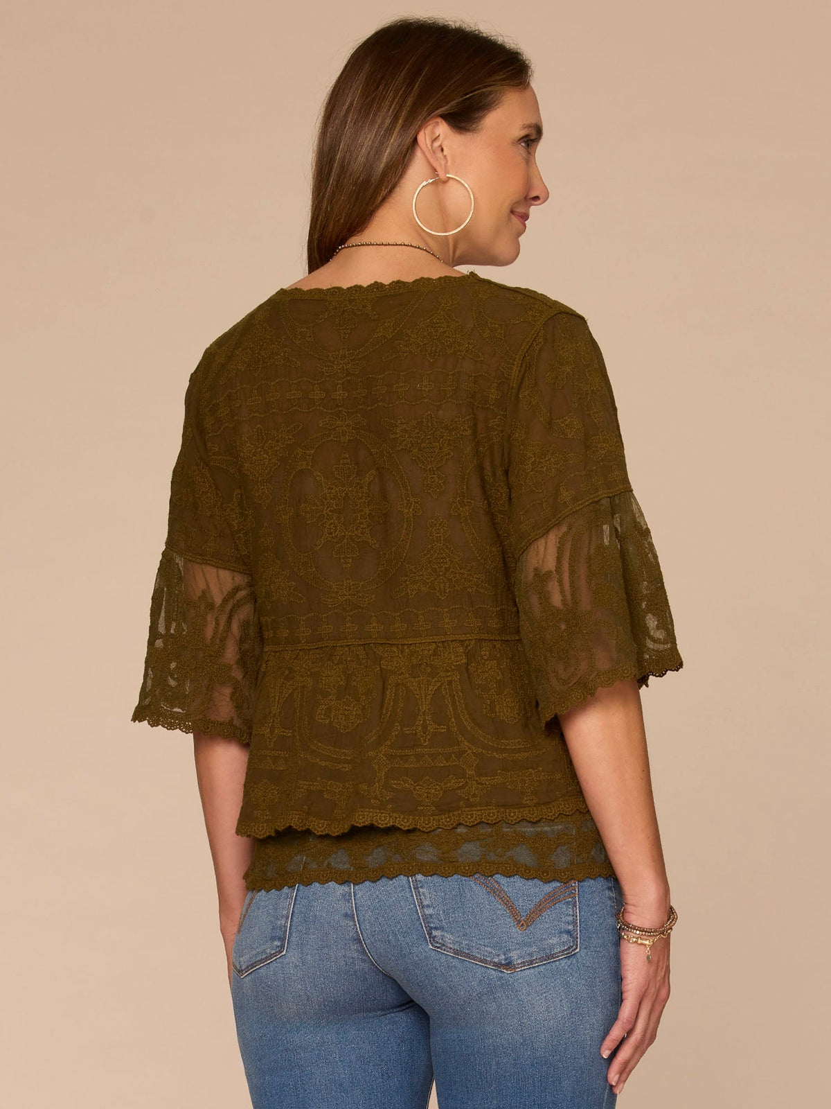 Bell Sleeve Scoop Neck Double Flounce Peplum Petite Hem Woven Top - Fig Jam|Horizon Blue|Dusty Papaya|Jungle Moss|Green Tea|White