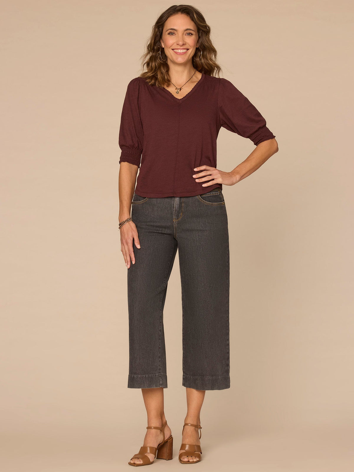 Elbow Blouson Sleeve Scallop V-Neck Smocked Knit Top - Heather Dusty Papaya|Heather Lily Pad|Heather Cherry Chocolate